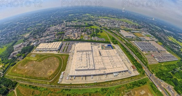 Aerial view, EDEKA Rhein-Ruhr central warehouse, Picnic FCA Oberhausen GmbH e-food warehouse, Schwarze Heide construction site, Waldteich business park with Lekkerland and Segro Logistics, Schwarze Heide, Oberhausen, Ruhr area, North Rhine-Westphalia, Germany, 360 degree image, construction work, construction area, construction site, construction site, construction project, construction site, DE, Europe, fisheye image, fisheye lens, fisheye image, fisheye lens, commercial enterprises, commercial area, commercial area, commercial property, commercial park, commercial location, commercial use, industrial area, industrial location, logistics, logistics service, logistics service provider, logistics provider, logistics centre, aerial photography, aerial photography, aerial photography, new building, super wide-angle lens, overview, bird's eye view, fisheye image, fisheye lens, insta360 camera, overview