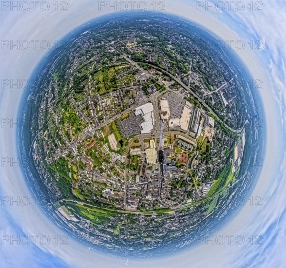 Aerial view, district Sterkrade, Bahnhofstraße shopping centre Sterkrader Tor with car park, technical town hall, bridge of the A516 Teutoburger Straße, globe, fisheye image, fisheye image, 360 degree image, tiny world, little planet, fisheye image, Sterkrade Mitte, Oberhausen, Ruhr area, North Rhine-Westphalia, Germany, DE, Europe, fisheye lens, fisheye lens, aerial view, aerial photography, aerial photography, super wide angle lens, overview, bird's eye view, birds-eyes view, fisheye lens, insta360 camera, overview