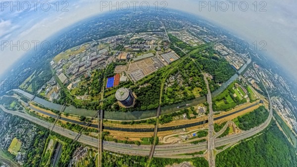 Aerial view, Westfield Centro shopping centre Neue Mitte with gasometer, motorway A42 and river Emscher, Rhine-Herne-Canal, globe, fisheye image, fisheye image, 360 degree image, tiny world, little planet, fisheye image, Borbeck, Oberhausen, Ruhr area, North Rhine-Westphalia, Germany, DE, shopping centre, shopping mall, Europe, fisheye lens, fisheye lens, aerial view, aerial photography, aerial photography, shopping centre, super wide angle lens, overview, bird's eye view, birds-eyes view, fisheye lens, insta360 camera, overview