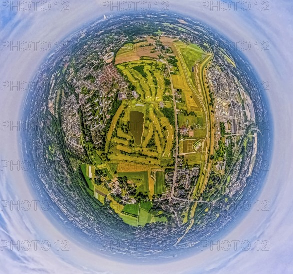 Aerial view, Golfclub Röttgersbach golf course with pond, globe, fisheye image, 360 degree image, tiny world, little planet, fisheye image, Holten, Oberhausen, Ruhr area, North Rhine-Westphalia, Germany, DE, Europe, fisheye lens, fisheye lens, golf, golf course, golf club, golf course, golf meadow, aerial photography, aerial photography, aerial photography, sports, super wide angle lens, overview, bird's eye view, birds-eyes view, fisheye lens, insta360 camera, overview