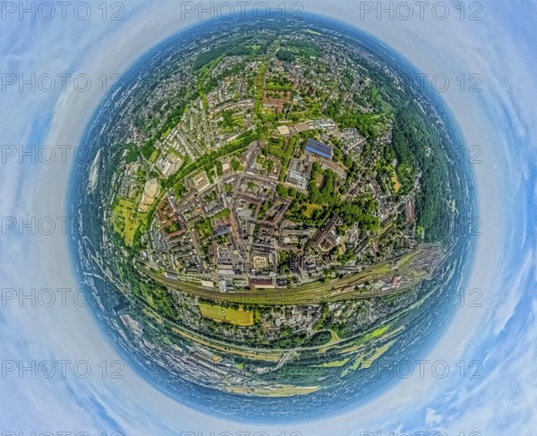 Aerial photo, residential area, local view, district of Osterfeld, globe, fisheye image, 360 degree image, tiny world, little planet, fisheye image, Osterfeld, Oberhausen, Ruhr area, North Rhine-Westphalia, Germany, DE, Europe, fisheye lens, fisheye lens, property tax, real estate, aerial photography, aerial photography, aerial photography, super wide angle lens, overview, bird's eye view, housing estate, housing and living, residential area, quality of living, residential neighbourhood, housing estate, residential area, birds-eyes view, fisheye lens, insta360 camera, overview