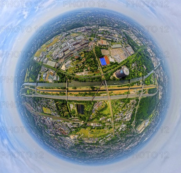 Aerial view, Westfield Centro shopping centre Neue Mitte with gasometer, motorway A42 and river Emscher, Rhine-Herne-Canal, globe, fisheye image, fisheye image, 360 degree image, tiny world, little planet, fisheye image, Borbeck, Oberhausen, Ruhr area, North Rhine-Westphalia, Germany, DE, shopping centre, shopping mall, Europe, fisheye lens, fisheye lens, aerial view, aerial photography, aerial photography, shopping centre, super wide angle lens, overview, bird's eye view, birds-eyes view, fisheye lens, insta360 camera, overview