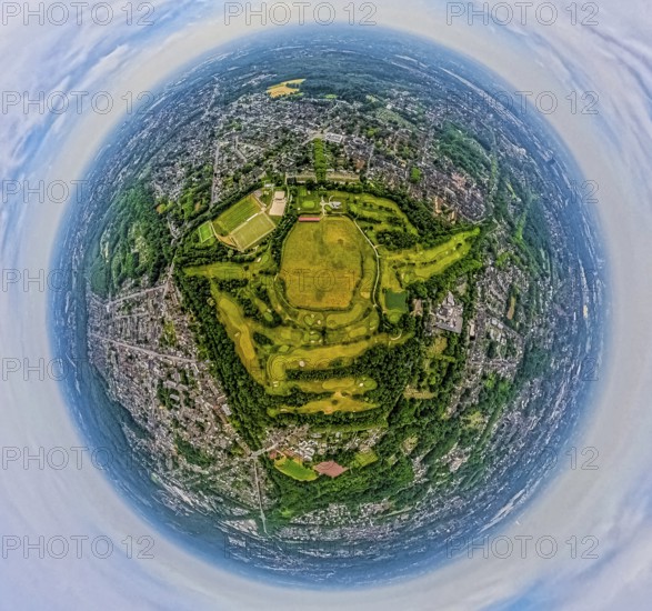 Aerial photo, POTTGOLF Oberhausen golf course and golf meadow, sports facility football pitch Jakobi, globe, fisheye image, fisheye image, 360 degree image, tiny world, little planet, fisheye image, Klosterhardt, Oberhausen, Ruhr area, North Rhine-Westphalia, Germany, DE, Europe, fisheye lens, fisheye lens, golf, golf course, golf club, golf course, golf meadow, aerial photography, aerial photography, aerial photography, sports, super wide angle lens, overview, bird's eye view, birds-eyes view, fisheye lens, insta360 camera, overview