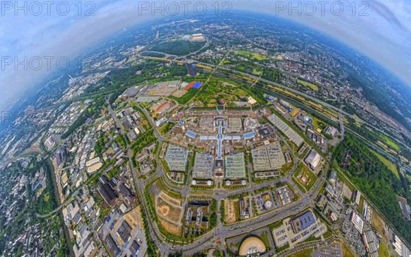 Aerial view, Westfield Centro shopping centre Neue Mitte with gasometer, motorway A42 and river Emscher, Rhine-Herne-Canal, globe, fisheye image, fisheye image, 360 degree image, tiny world, little planet, fisheye image, Borbeck, Oberhausen, Ruhr area, North Rhine-Westphalia, Germany, DE, shopping centre, shopping mall, Europe, fisheye lens, fisheye lens, aerial view, aerial photography, aerial photography, shopping centre, super wide angle lens, overview, bird's eye view, birds-eyes view, fisheye lens, insta360 camera, overview