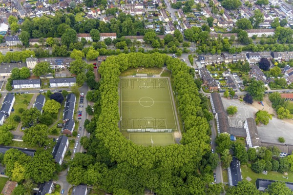 Aerial view, football stadium Am Dicken Stein, sports field with tree border, Sterkrade 06/07 football club, Tackenberg, Oberhausen, Ruhr area, North Rhine-Westphalia, Germany, DE, Europe, football field, football stadium, football club, aerial view, aerial photography, aerial photography, sports, sports facilities, sports field, sports facility, stadium, overview, bird's-eye view, overview, OberhausenNord