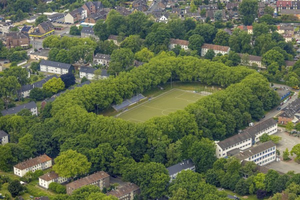 Aerial view, football stadium Am Dicken Stein, sports field with tree border, Sterkrade 06/07 football club, Tackenberg, Oberhausen, Ruhr area, North Rhine-Westphalia, Germany, DE, Europe, football field, football stadium, football club, aerial view, aerial photography, aerial photography, sports, sports facilities, sports field, sports facility, stadium, overview, bird's-eye view, overview, OberhausenNord