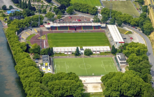 Aerial photo, Niederrhein football stadium of SC Rot-Weiß Oberhausen e.V. and adjacent pitch, Oberhausen, Ruhr area, North Rhine-Westphalia, Germany, arena, DE, Europe, football pitch, football stadium, football club, aerial photo, aerial photography, aerial photography, sports, sports facilities, sports field, sports facility, stadium, overview, bird's-eye view, overview, OberhausenSued
