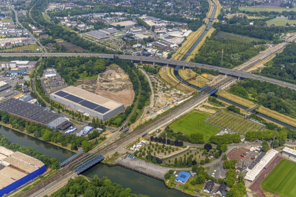 Aerial view, Five bridges, motorway A42 and railway bridges over river Emscher and Rhine-Herne-Canal, commercial area, Oberhausen, Ruhr area, North Rhine-Westphalia, Germany, DE, Europe, commercial enterprises, commercial area, commercial property, commercial location, commercial use, industrial area, industrial location, aerial view, aerial photography, aerial photography, overview, bird's eye view, birds-eyes view, overview, OberhausenSued