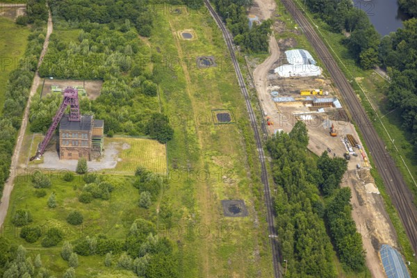 Aerial view, site with historic pithead frame of Sterkrade colliery, construction site, Schwarze Heide, Oberhausen, Ruhr area, North Rhine-Westphalia, Germany, construction work, construction area, construction site, building site, construction project, DE, Europe, aerial view, aerial photography, aerial photography, new building, overview, bird's eye view, colliery, birds-eyes view, overview, OberhausenNord