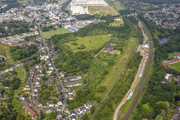 Aerial view, site with historic pithead frame of Sterkrade colliery, construction site, Schwarze Heide, Oberhausen, Ruhr area, North Rhine-Westphalia, Germany, construction work, construction area, construction site, building site, construction project, DE, Europe, aerial view, aerial photography, aerial photography, new building, overview, bird's eye view, colliery, birds-eyes view, overview, OberhausenNord