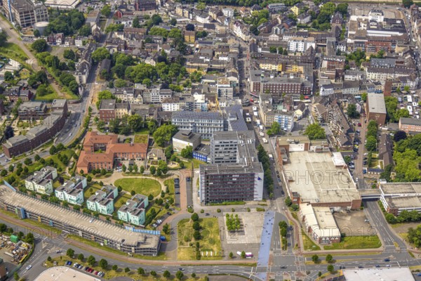 Aerial view, Bahnhofstraße and Technical Town Hall, Reinhold-Krohn-Park and Seniorenzentrum Gute Hoffnung, Sterkrade Mitte, Oberhausen, Ruhr area, North Rhine-Westphalia, Germany, retirement home, nursing home, care and nursing, DE, shopping centre, shopping place, shopping mall, Europe, aerial view, aerial photography, aerial photography, local supply centre, care facility, town hall, retirement home, retirement home, retirement home, shopping centre, overview, bird's eye view, birds-eyes view, overview, OberhausenNorth