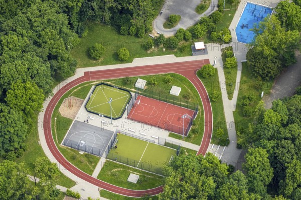 Aerial view, Revierpark Vonderort with outdoor swimming pool in the forest, Bottroper Straße, Osterfeld, Oberhausen, Ruhr area, North Rhine-Westphalia, Germany, DE, Europe, leisure centre, aerial view, aerial photography, aerial photography, park, overview, bird's-eye view, forest area, birds-eyes view, overview, OberhausenNord