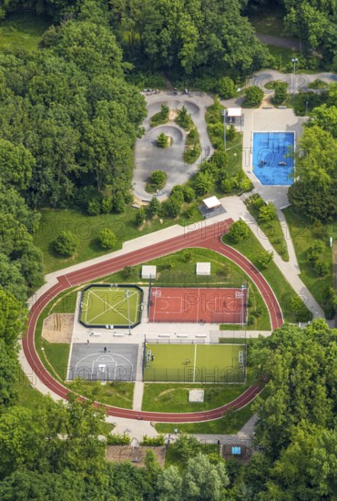 Aerial view, Revierpark Vonderort with outdoor swimming pool in the forest, Bottroper Straße, Osterfeld, Oberhausen, Ruhr area, North Rhine-Westphalia, Germany, DE, Europe, leisure centre, aerial view, aerial photography, aerial photography, park, overview, bird's-eye view, forest area, birds-eyes view, overview, OberhausenNord