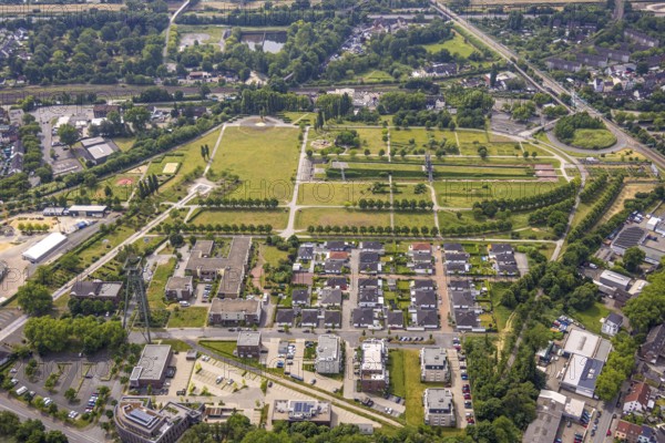 Aerial view, OLGA-Park with observation tower, meadows and green trees, housing estate Zur Kokerei and ASO Oberhausen Seniorenresidenz am OLGA-Park, Osterfeld, Oberhausen, Ruhr area, North Rhine-Westphalia, Germany, retirement home, nursing home, care and nursing, DE, Europe, property tax, real estate, aerial view, aerial photography, aerial photography, care facility, retirement home, retirement residence, retirement home, retirement centre, overview, bird's-eye view, residential complex, housing and living, residential area, residential quality, residential quarter, residential estate, residential district, birds-eyes view, overview, OberhausenNord