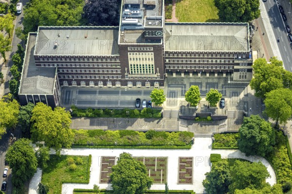 Aerial view, town hall city administration Oberhausen, front view with town hall clock, Oberhausen, Ruhr area, North Rhine-Westphalia, Germany, authority, DE, Europe, aerial view, aerial photography, aerial photography, town hall, city administration, overview, bird's-eye view, overview, OberhausenSued