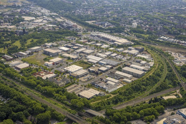 Aerial view, commercial area Max-Planck-Ring, Oberhausen, Ruhr area, North Rhine-Westphalia, Germany, DE, Europe, commercial enterprises, commercial area, commercial property, commercial park, commercial location, commercial use, industrial area, industrial location, aerial photograph, aerial photography, aerial photography, overview, bird's-eye view, overview, OberhausenSued