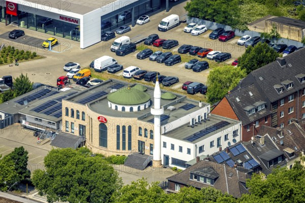 Aerial view, DITIB Central Mosque Oberhausen at Duisburger Straße, Oberhausen, Ruhr area, North Rhine-Westphalia, Germany, place of worship, DE, Europe, religious community, place of worship, holy place, church, parish, denomination, aerial view, aerial photography, aerial photography, religion, religious site, overview, bird's-eye view, overview, OberhausenSued