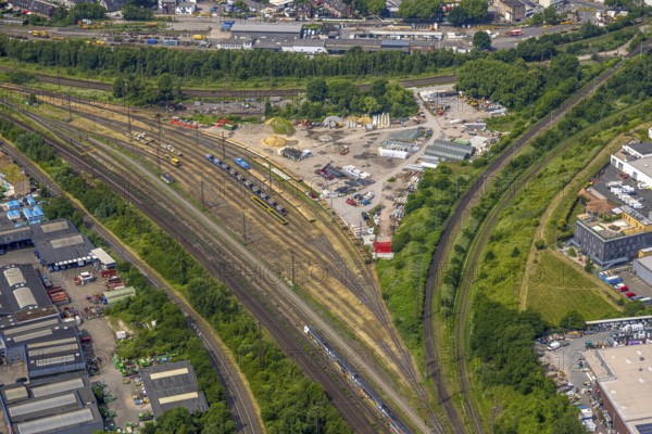 Aerial view, building yard in the railway triangle Hansastrasse, Oberhausen, Ruhr area, North Rhine-Westphalia, Germany, DE, Europe, aerial view, aerial photography, aerial photography, overview, bird's-eye view, overview, OberhausenSued
