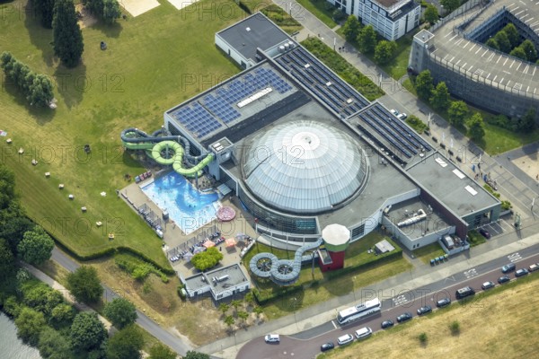 Aerial view, AQUApark Oberhausen adventure pool, outdoor pool with water slide, in Westfield Centro shopping centre Neue Mitte, Oberhausen, Ruhr area, North Rhine-Westphalia, Germany, seaside resort, DE, Europe, outdoor pool, leisure activities, aerial view, aerial photography, aerial photography, swimming pool, swimming pool, overview, bird's-eye view, overview, OberhausenSued