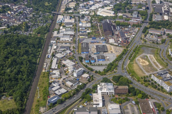 Aerial view, industrial area at the technology centre, Fraunhofer Cluster Circular Plastics Economy CCPE, thyssenkrupp MillServices & Systems, Essener Straße, Oberhausen, Ruhr area, North Rhine-Westphalia, Germany, DE, Europe, commercial enterprises, commercial area, commercial area, commercial property, commercial site, commercial use, industrial area, industrial site, aerial view, aerial photography, aerial photography, overview, bird's-eye view, overview, OberhausenSued