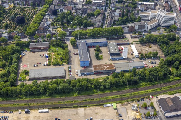 Aerial view, fire station and rescue station fire brigade Oberhausen, top right employment agency job centre, Oberhausen, Ruhr area, North Rhine-Westphalia, Germany, fire fighter, fire protection, fire station, DE, Europe, fire station, fire brigade, aerial view, aerial photography, aerial photography, rescue station, overview, bird's-eye view, overview, OberhausenSued