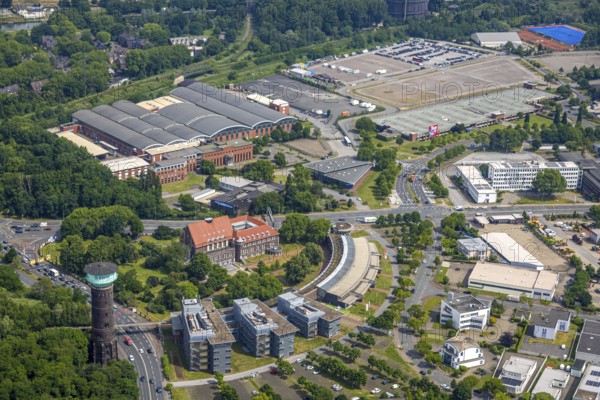 Aerial view, DB Schenker Logistics Service and TZU Technology Centre, below RWW Water Tower - Historical sight, Oberhausen, Ruhr area, North Rhine-Westphalia, Germany, DE, Europe, logistics, logistics service, logistics service provider, logistics provider, logistics centre, aerial view, aerial photography, aerial photography, transport service, overview, bird's-eye view, overview, OberhausenSued