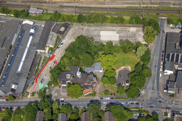 Aerial view, evang. Pauluskirche - Emmaus-Kirchengemeinde, evangelisches Jugendheim Lirich, Oberhausen, Ruhr area, North Rhine-Westphalia, Germany, place of worship, DE, Europe, religious community, place of worship, holy place, church, parish, denomination, aerial view, aerial photography, aerial photography, religion, religious site, overview, bird's-eye view, overview, OberhausenSued