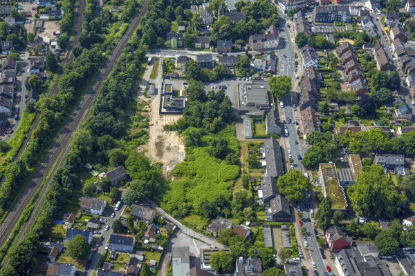 Aerial view, Netto supermarket, construction site with new building Rehmer corner Bebelstraße, Oberhausen, Ruhr area, North Rhine-Westphalia, Germany, construction work, construction area, construction site, building plots, construction project, construction site, DE, Europe, aerial view, aerial photography, aerial photography, new building, overview, bird's-eye view, overview, OberhausenSued