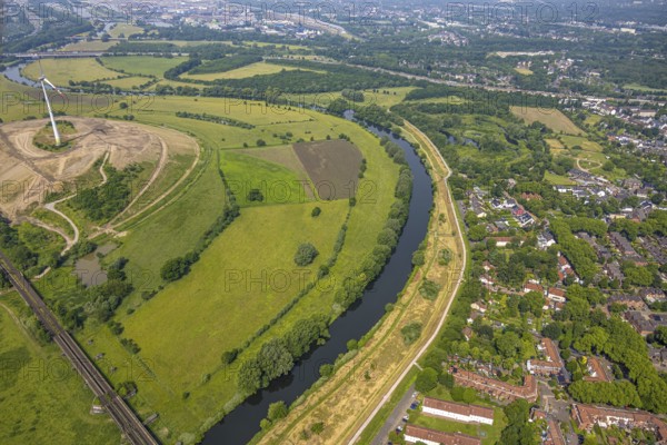 Aerial view, Ruhr river and Ruhr valley with railway bridge, construction site Am Ruhrufer and Fährstraße, near the Ruhrpark, Oberhausen, Ruhr area, North Rhine-Westphalia, Germany, construction work, construction area, construction site, building plots, construction project, construction site, DE, Europe, aerial view, aerial photography, aerial photography, new building, overview, bird's eye view, birds-eyes view, overview, OberhausenSued
