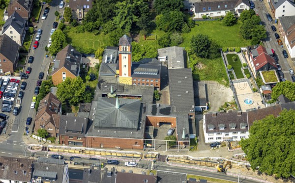 Aerial view, Monastery Church of Our Lady, Oberhausen, Ruhr area, North Rhine-Westphalia, Germany, place of worship, DE, Europe, religious community, place of worship, holy place, church, parish, denomination, aerial view, aerial photography, aerial photography, religion, religious site, overview, bird's-eye view, overview, OberhausenSued