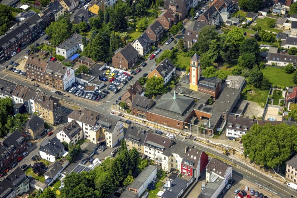 Aerial view, Monastery Church of Our Lady, Oberhausen, Ruhr area, North Rhine-Westphalia, Germany, place of worship, DE, Europe, religious community, place of worship, sacred site, church, parish, denomination, aerial view, aerial photography, aerial photography, marketplace, religion, religious site, overview, bird's-eye view, overview, OberhausenSued