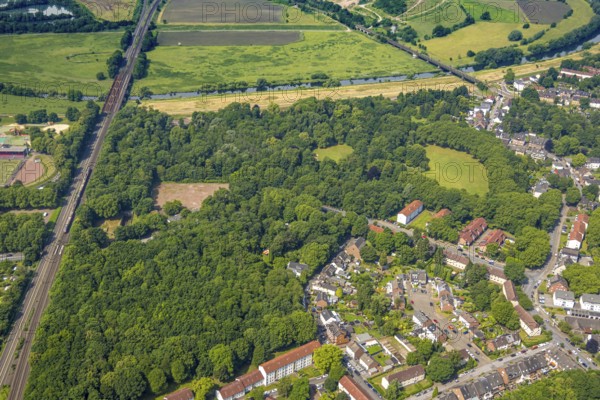 Aerial view, Ruhrpark forest area, railway bridge and river Ruhr with Ruhr bank, sports field in the forest, Oberhausen, Ruhr area, North Rhine-Westphalia, Germany, DE, Europe, aerial view, aerial photography, aerial photography, overview, bird's-eye view, overview, OberhausenSued