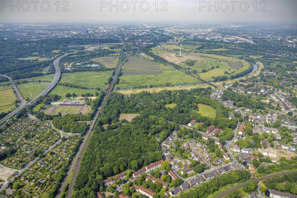 Aerial view, Ruhrpark forest area, railway bridge and river Ruhr with Ruhr bank, sports field in the forest, behind the energy park Styrumer Ruhrbogen, Oberhausen, Ruhr area, North Rhine-Westphalia, Germany, DE, Europe, aerial view, aerial photography, aerial photography, overview, birds-eyes view, overview, OberhausenSued
