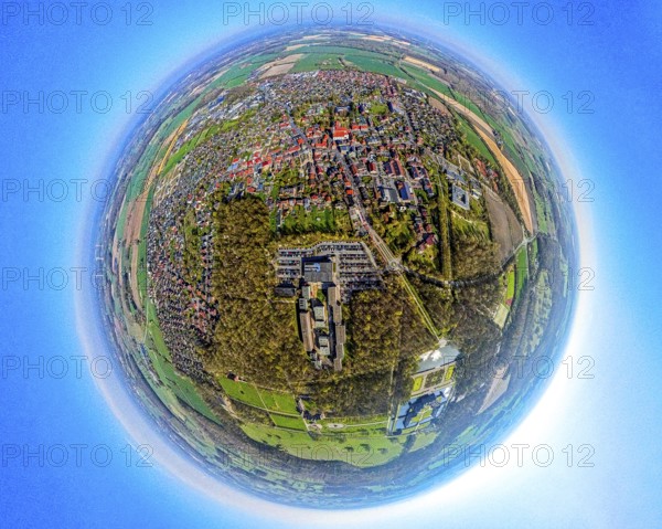 Aerial photography, North Rhine-Westphalia School of Finance at Nordkirchen Castle, earth globe, fisheye image, fisheye image, 360 degree image, tiny world, little planet, fisheye image, Nordkirchen, Ruhr area, North Rhine-Westphalia, Germany, DE, Europe, School of Finance, fisheye lens, fisheye lens, aerial photography, aerial photography, aerial photography, Münsterland, super wide angle lens, overview, bird's eye view, birds-eyes view, fisheye lens, insta360 camera, overview