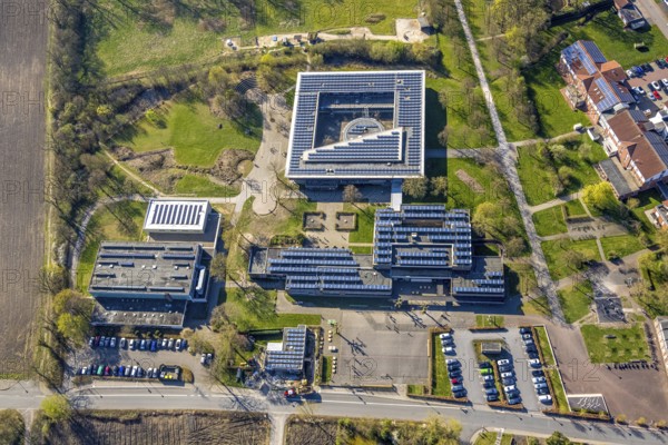 Aerial view, Johann-Conrad-Schlaun-Schule, comprehensive school with solar roof, Nordkirchen, Münsterland, North Rhine-Westphalia, Germany, education, educational institution, DE, Europe, photovoltaic, comprehensive school, educational institute, aerial view, aerial photography, aerial photography, photovoltaic system, school, solar, solar system, solar roof, solar energy, solar panel, solar power system, overview, bird's-eye view, bird's-eye view, overview