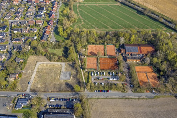 Aerial view, brownfield building plot for planned residential project Am Gorbach, tennis courts TV Rot Weiß Nordkirchen, caravan site, Nordkirchen, Münsterland, North Rhine-Westphalia, Germany, DE, Europe, aerial view, aerial photography, aerial photography, overview, bird's-eye view, overview