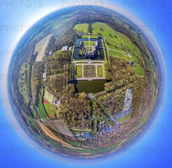 Aerial view, Nordkirchen Castle and castle park, Oranienburg, Orangery, former residence of the prince-bishops of Münster, also known as the Westphalian Versailles, globe, fisheye image, fisheye image, 360 degree image, tiny world, little planet, fisheye image, Nordkirchen, Ruhr area, North Rhine-Westphalia, Germany, DE, Europe, fisheye lens, fisheye lens, aerial view, aerial photography, aerial photography, Münsterland, castle, super wide angle lens, overview, bird's eye view, birds-eyes view, fisheye lens, insta360 camera, overview