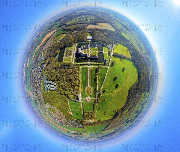 Aerial view, Nordkirchen Castle and castle park, Oranienburg, Orangery, former residence of the prince-bishops of Münster, also known as the Westphalian Versailles, globe, fisheye image, fisheye image, 360 degree image, tiny world, little planet, fisheye image, Nordkirchen, Ruhr area, North Rhine-Westphalia, Germany, DE, Europe, fisheye lens, fisheye lens, aerial view, aerial photography, aerial photography, Münsterland, castle, super wide angle lens, overview, bird's eye view, birds-eyes view, fisheye lens, insta360 camera, overview