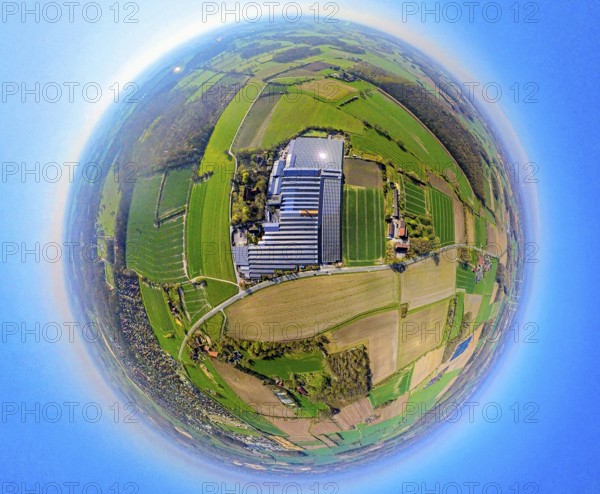 Aerial view, palm hero and gardener Gregg garden centre greenhouse, surrounded by meadows and fields, globe, fisheye image, fisheye image, 360 degree image, tiny world, little planet, fisheye image, Nordkirchen, Ruhr area, North Rhine-Westphalia, Germany, DE, Europe, fisheye lens, fisheye lens, aerial view, aerial photography, aerial photography, Münsterland, super wide angle lens, overview, bird's eye view, birds-eyes view, fisheye lens, insta360 camera, overview