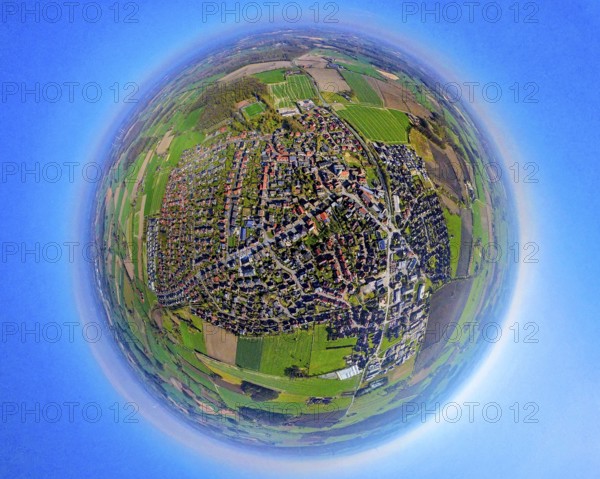 Aerial view, residential area, view of Nordkirchen town centre, earth globe, fisheye image, 360 degree image, tiny world, little planet, fisheye image, Südkirchen, Nordkirchen, Ruhr area, North Rhine-Westphalia, Germany, DE, Europe, fisheye lens, fisheye lens, property tax, real estate, aerial photography, aerial photography, aerial photography, Münsterland, super wide angle lens, overview, bird's eye view, housing estate, housing and living, residential area, quality of living, residential neighbourhood, housing estate, residential area, birds-eyes view, fisheye lens, insta360 camera, overview
