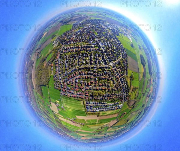 Aerial photo, residential area, local view of Südkirchen, earth globe, fisheye shot, 360 degree shot, tiny world, little planet, fisheye image, Südkirchen, Nordkirchen, Ruhr area, North Rhine-Westphalia, Germany, DE, Europe, fisheye lens, fisheye lens, property tax, real estate, aerial photography, aerial photography, aerial photography, Münsterland, super wide-angle lens, overview, bird's eye view, housing estate, housing and living, residential area, quality of living, residential neighbourhood, housing estate, residential area, birds-eyes view, fisheye lens, insta360 camera, overview