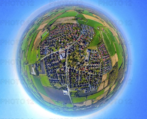 Aerial view, residential area, view of Capelle and Südkirchen, globe, fisheye image, 360 degree image, tiny world, little planet, fisheye image, Capelle, Nordkirchen, Ruhr area, North Rhine-Westphalia, Germany, DE, Europe, fisheye lens, fisheye lens, property tax, real estate, aerial photography, aerial photography, aerial photography, Münsterland, super wide angle lens, overview, bird's eye view, housing estate, housing and living, residential area, quality of living, residential neighbourhood, housing estate, residential area, birds-eyes view, fisheye lens, insta360 camera, overview