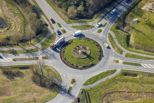 Aerial view, roundabout Ermen with 3-stone sculpture, country road L810, Nordkirchen, Münsterland, North Rhine-Westphalia, Germany, DE, Europe, roundabout, aerial view, aerial photography, aerial photography, overview, bird's eye view, birds-eyes view, overview