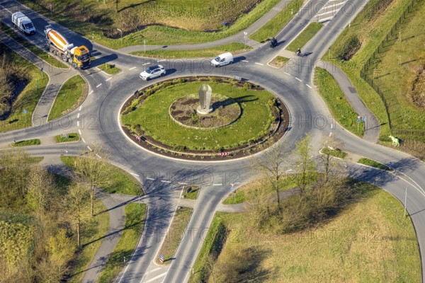 Aerial view, roundabout Ermen with 3-stone sculpture, country road L810, Nordkirchen, Münsterland, North Rhine-Westphalia, Germany, DE, Europe, roundabout, aerial view, aerial photography, aerial photography, overview, bird's eye view, birds-eyes view, overview