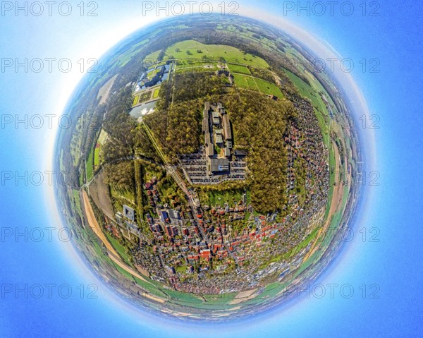 Aerial photography, North Rhine-Westphalia School of Finance at Nordkirchen Castle, earth globe, fisheye image, fisheye image, 360 degree image, tiny world, little planet, fisheye image, Nordkirchen, Ruhr area, North Rhine-Westphalia, Germany, DE, Europe, School of Finance, fisheye lens, fisheye lens, aerial photography, aerial photography, aerial photography, Münsterland, super wide angle lens, overview, bird's eye view, birds-eyes view, fisheye lens, insta360 camera, overview