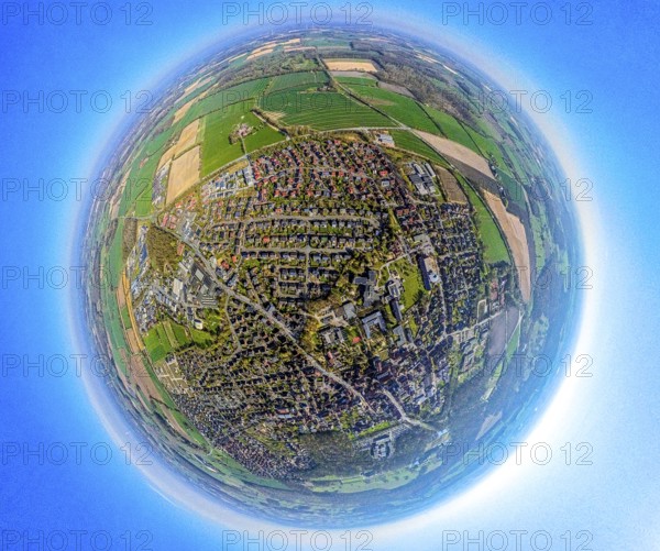 Aerial view, residential area, view of Nordkirchen with Nordstadt, earth globe, fisheye image, 360 degree image, tiny world, little planet, fisheye image, Nordkirchen, Ruhr area, North Rhine-Westphalia, Germany, DE, Europe, fisheye lens, fisheye lens, property tax, real estate, aerial photography, aerial photography, aerial photography, Münsterland, super wide-angle lens, overview, bird's-eye view, housing estate, housing and living, residential area, quality of living, residential neighbourhood, housing estate, residential area, birds-eyes view, fisheye lens, insta360 camera, overview