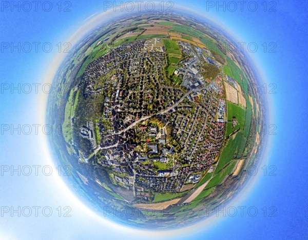 Aerial view, residential area, view of Nordkirchen town centre, commercial area on Cappenberger Straße, globe, fisheye image, 360 degree image, tiny world, little planet, fisheye image, Südkirchen, Nordkirchen, Ruhr area, North Rhine-Westphalia, Germany, DE, Europe, fisheye lens, fisheye lens, commercial enterprises, commercial area, commercial area, commercial property, commercial park, commercial location, commercial use, property tax, real estate, industrial area, industrial location, aerial photography, aerial photography, aerial photography, Münsterland, super wide-angle lens, overview, bird's-eye view, residential complex, living and living, residential area, residential quality, residential neighbourhood, housing estate, residential area, birds-eyes view, fisheye lens, insta360 camera, overview