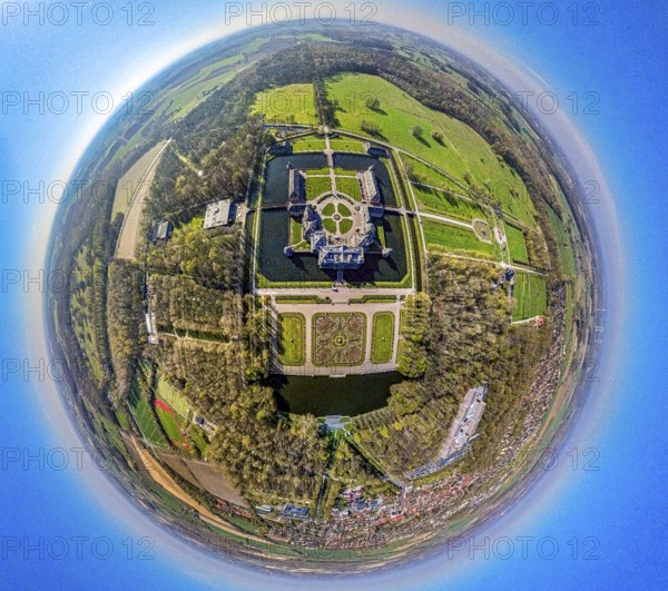 Aerial view, Nordkirchen Castle and castle park, Oranienburg, Orangery, former residence of the prince-bishops of Münster, also known as the Westphalian Versailles, globe, fisheye image, fisheye image, 360 degree image, tiny world, little planet, fisheye image, Nordkirchen, Ruhr area, North Rhine-Westphalia, Germany, DE, Europe, fisheye lens, fisheye lens, aerial view, aerial photography, aerial photography, Münsterland, castle, super wide angle lens, overview, bird's eye view, birds-eyes view, fisheye lens, insta360 camera, overview