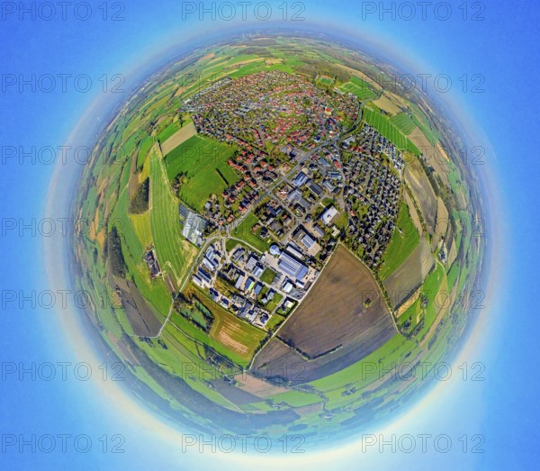 Aerial view, residential area, view of Nordkirchen town centre, commercial area on Cappenberger Straße, globe, fisheye image, 360 degree image, tiny world, little planet, fisheye image, Südkirchen, Nordkirchen, Ruhr area, North Rhine-Westphalia, Germany, DE, Europe, fisheye lens, fisheye lens, commercial enterprises, commercial area, commercial area, commercial property, commercial park, commercial location, commercial use, property tax, real estate, industrial area, industrial location, aerial photography, aerial photography, aerial photography, Münsterland, super wide-angle lens, overview, bird's-eye view, residential complex, living and living, residential area, residential quality, residential neighbourhood, housing estate, residential area, birds-eyes view, fisheye lens, insta360 camera, overview