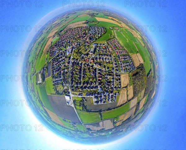 Aerial view, residential area, view of Capelle and Südkirchen, globe, fisheye image, 360 degree image, tiny world, little planet, fisheye image, Capelle, Nordkirchen, Ruhr area, North Rhine-Westphalia, Germany, DE, Europe, fisheye lens, fisheye lens, property tax, real estate, aerial photography, aerial photography, aerial photography, Münsterland, super wide angle lens, overview, bird's eye view, housing estate, housing and living, residential area, quality of living, residential neighbourhood, housing estate, residential area, birds-eyes view, fisheye lens, insta360 camera, overview